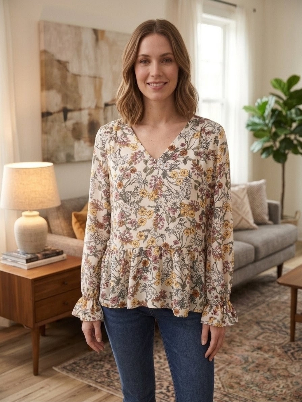 Long Sleeve Floral V‑Neck Top – Large – Versona
